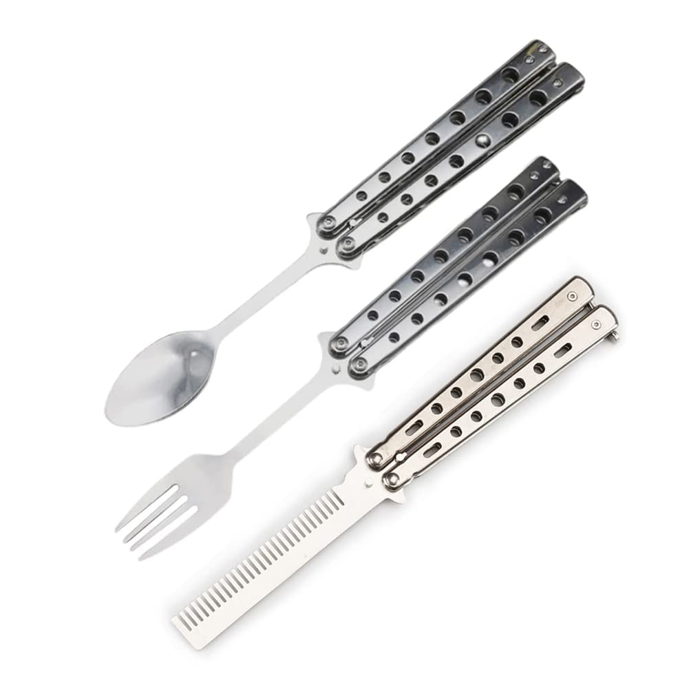 Forchetta Farfalla Cucchiaio Pettine Campeggio Posate Set Pieghevole in Acciaio per Campeggio Caccia Viaggi Outdoor BBQ Posate Utensile