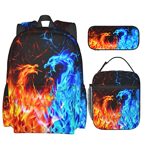 LEOPOM Flame Dragon Fire Backpack Set with Lunch Box Pencil Case Lightweight Large Durable Bookbag For School Teenager