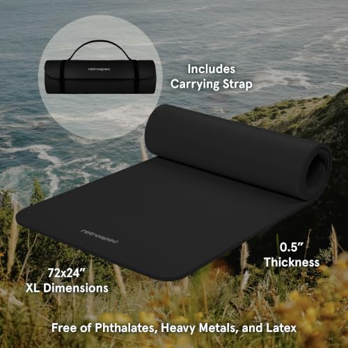 Image of Retrospec Solana Yoga Mat Thick 1 /2in Non-Slip Workout Mat with Nylon Strap - 72x24in Exercise Mat for Pilates, Stretching & Fitness - BPA Free, Easy Clean