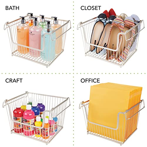 Mdesign Modern Stackable Metal Food Storage Organizer Bin Basket With Handles, Open Front For Kitchen Cabinets, Pantry, Closets, Bedrooms, Bathrooms - Large, 3 Pack - Satin #TOP5