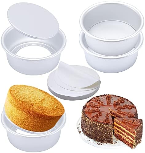 6 Inch Round Cake Pan Set of 4, Nonstick Aluminum Baking Pans with 100 Sheets Parchment Paper, Cake Tins For Making Layered Cakes Deep Dish Pizza Quiches, Removable Bottom For Easy Quick Release