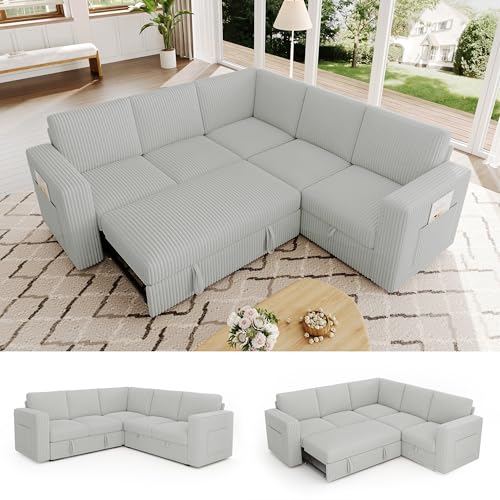 Image of 83.5 inch Corduroy Sectional Sleeper Sofa, Pull Couch with Storage, Light Gray | 5 Seat Comfy Couches for Living Room, Apartments, or Guest Spaces; Sectionals Modular Sofa Design, Comfortable Seating.