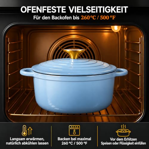 Nilpferd Gusseisen Topf Schmortopf Emaille Bräter, Puderblau, 24cm/4L – Ansicht 5