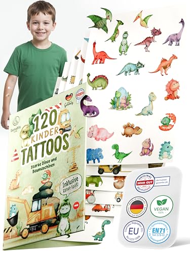 Lunablu 120 Hautfreundliche Kinder Tattoos [Dermatologisch Zertifiziert] MADE IN GERMANY | Geschenk für Kinder | Kindertattoos für Jungen und Mädchen | Tattoo - Dinos & Baumaschinen