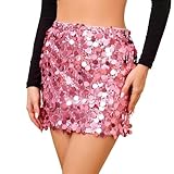 JASGOOD Sequin Skirt for Women Stretchy Bodycon Mini Sparkly Glitter Shiny Skirts Night Out Party, Rose Pink, Medium