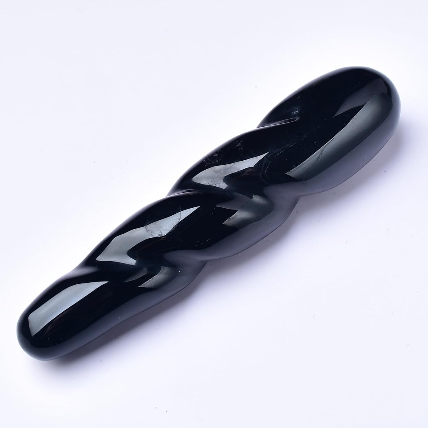 Natural Black Obsidian Healing Crystal Yoni Wand, 7 inch Length, Twisted Spiral Design