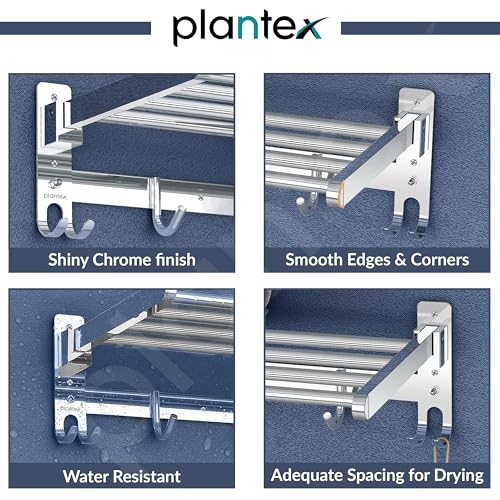 Image of Plantex Folding Towel Rack /Stainless Steel Towel Holder /24 Inch Towel Hanger for Bathroom /Towel Stand with Fix Hook /Bathroom Accessories - Pack of 1 (Chrome)