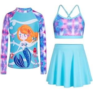 Seanrui Girls Swimsuit Long Sleeve Swim Shirt 3 Piece Rash Guard for Girls Bathing Suit with Boyshorts Blue Mermaid 5-6 Years