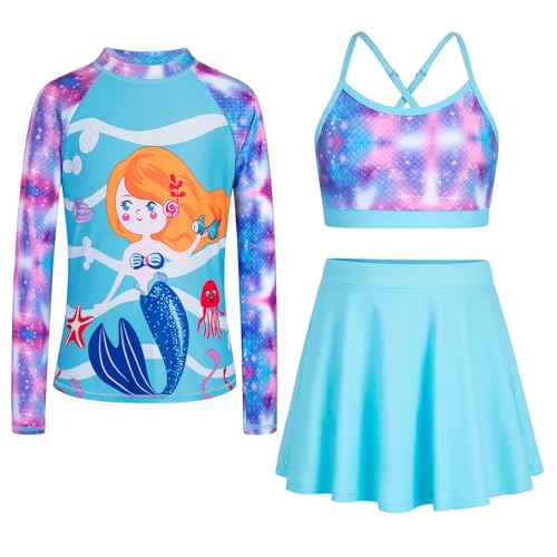 Image of Girls Swimsuit Long Sleeve Swim Shirt 3 Piece Rash Guard for Girls Bathing Suit with Boyshorts