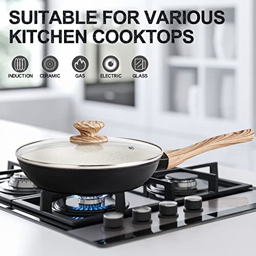 Image of Michelangelo Non Stick Frying Pan with Lid, Frying Pan Induction Base with Bakelite Handle, 26cm Granite Frying Pan with Lid, Nonstick Frying Pan, Induction Frying Pan