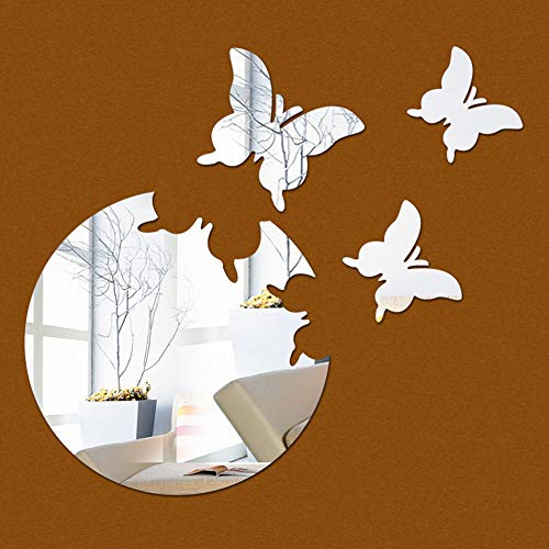 wiFndTu Calcomanía de espejo de mariposa 3D de acrílico autoadhesivo para pared, decoración del hogar, sala de estar, dormitorio (plata)