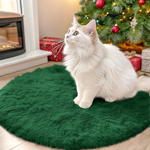 OLANLY Dark Green Round Rugs for Bedroom - Machine Washable, 2 ft Circle Area Rugs for Living Room, Soft and Fluffy Shaggy Carpet for Teen Girls and Boys, Nursery Rooms, Dorms, Home Decor Aesthetic