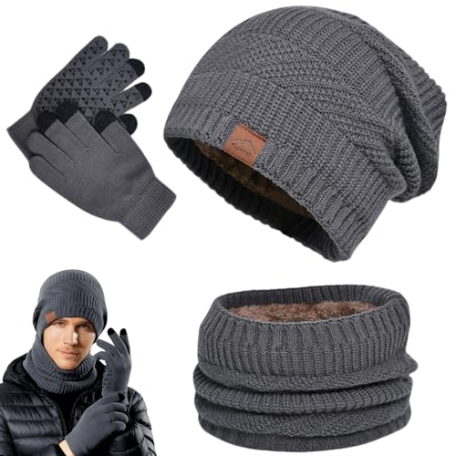 Tbintul Bonnet Écharpe et Gants à Écran Tactile,Tricotés Ensemble d'hiver Bonnet Écharpe Gants d'écran Tactile,Ensemble Chauds d'hiver 3en1 avec Double Polaire...