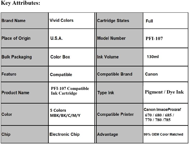 Vivid Colors VC PFI-107 Yellow Ink Cartridge for Canon PFI-107Y (130ml, Yellow) for Canon imagePROGRAF 670 680 685 770 780 785 Printer.