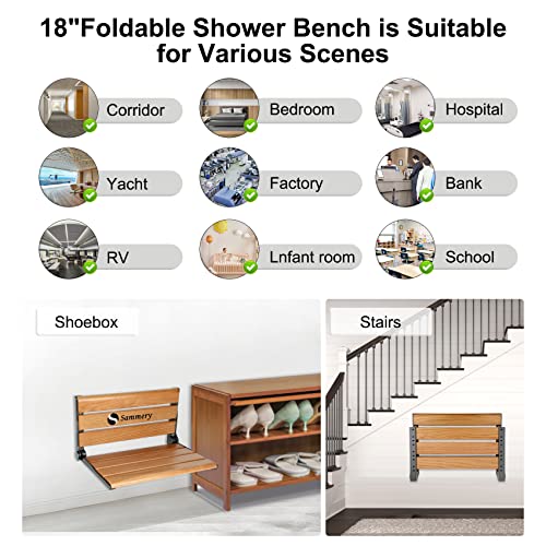 18" Teak Folding Shower Seat Wall Mounted,Fold Down Shower Bench For Small Shower Space, Home Care Teak Wood Stool For Inside Shower,Pregnants-Maximum Load 380Lb[European Teak] (18"-Black) #TOP4