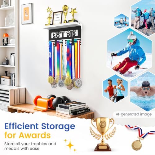 Image of Medal Holder Display Trophy Shelf Organizer, Sturdy Wooden Race Award Hanger Rack with 25 Steel Hooks, Wall Mount Storage Stand for Sports Fans, Cheer Success