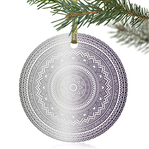 Decorative Hanging Ornaments, Geometric Pattern Mandala Floral Print Gradient Purple Round Ceramic Ornament Hanging Sign With Ribbon,For Home Decor, 1 Pcs, 3" #TOP8