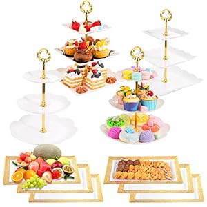 Supernal 3 Tier Cupcake Stands, 6pcs Plastic Trays, 4Pack Cupcake Dessert Stand, Party Trays Set, Cake Platters Includes 6 pcs Pastry Trays, 2 pcs Square , 2 pcs Round Cake Trays
