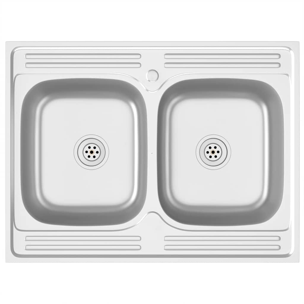 vidaXL Kitchen Sink with Double Basins Silver 800x600x155 mm Stainless
