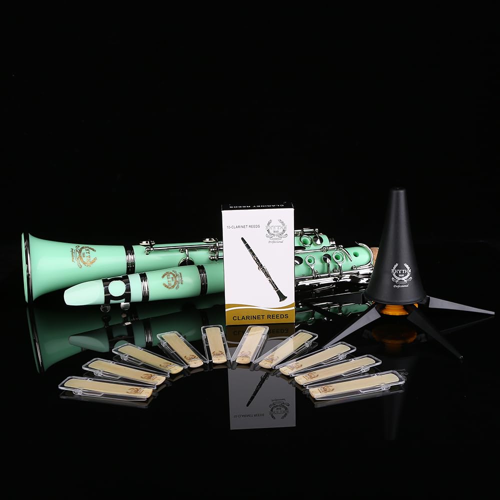 Rhythm Clarinete Bb con 17 teclas de níquel, banda de viento de madera e instrumentos musicales de orquesta para principiantes, incluye funda, soporte, 10 cañas y kit de limpieza, color verde