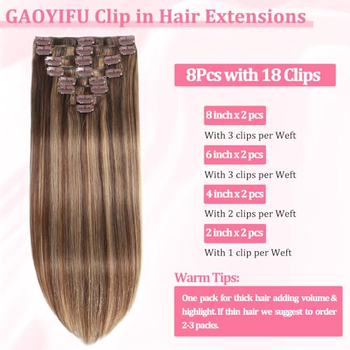 Image of Clip in Hair Extensions Real Human Hair Red Yellew Brown for Women
