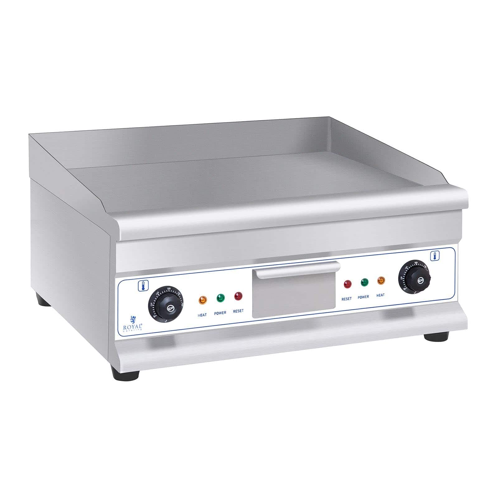 Royal Catering RCG 60H2 grill elektryczny, podwójna płyta grillowa (długość: 60 cm, 2 x 3200 W, gładka powierzchnia grzewcza, 2 strefy grzewcze, ochrona przed pryskaniem i odpływ)