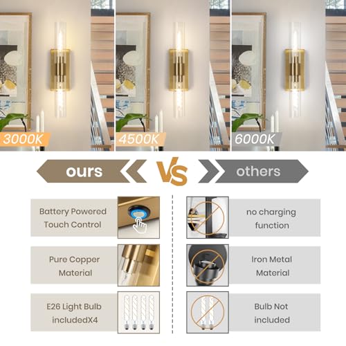Image of Battery Operated Wall Sconce Set of Two, Rechargeable Wall Sconce, Gold Wall Lamp with Remote Controls, Indoor Non-Hardwired Bedside Wall Sconces, Gold Vanity Light for Bedroom, Hallway, etc