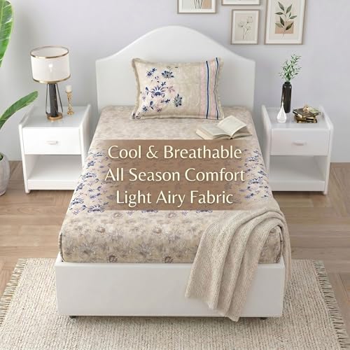 Image of Mafatlal Spring Glory Cotton Single Bedsheet Combo Pack of 2 with Pillow Covers | 180 TC Comfort Fit Cotton Sheets | Fresh Floral Print Bedding | Floral Green & Modern Blue