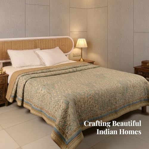 Image of Peepul Tree Hand Block Printed 100% Cotton Malmal AC Comforter 60 x 90 Inches, Best for Summers Lightweight, Soft, Breathable & Reversible AC Blanket for Single Bed, Ivory Taupe and Powder Blue