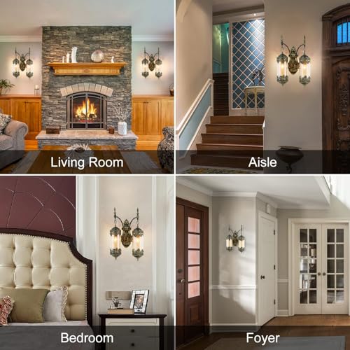 Image of Rustic Wall Sconce with Amber Glass Vintage Antique Gothic Wall Light Fixture Retro Mid Centry Lantern Wall Sconce for Bedroom, Living Room, Mirror, Brush Gold