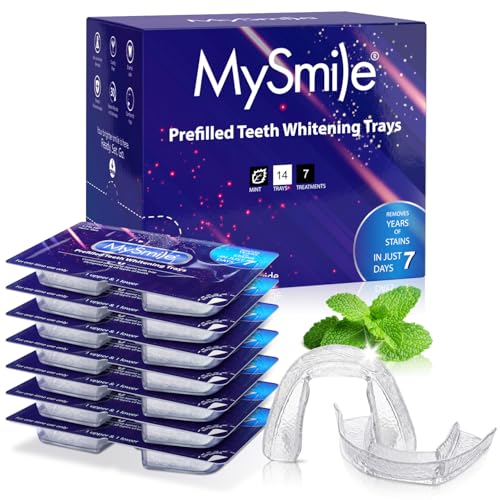 MySmile Prefilled Teeth Whitening Trays Kit, with 12% Hydrogen Peroxide Whitening Gel to Teeth Whitening for Sensitive Teeth, No Mess U-Wrap Design, Fast-Result, Enamel-Safe, Mint Flavor, 7 Treatments