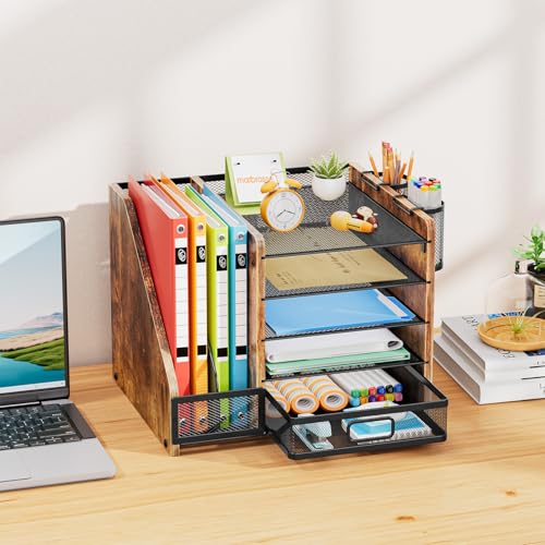Image of Marbrasse Desk Organizer with File Holder, 5-Tier Paper Letter Tray Organizer with Drawer and 2 Pen Holder, Mesh Desktop Organizer and Storage with Magazine Holder for Office Supplies (Wood-Brown)