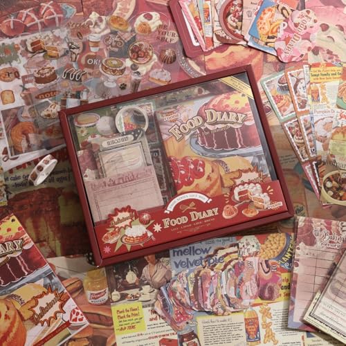 Image of Scrapbooking Supplies Kit, Vintage Culinary Aesthetic Scrapbook Kit for Bullet Junk Journal, Gourmet DIY Journaling Supplies with Recipe, Dessert, Kitchen, Cafe Elements, Unique Gift for Teens & Women