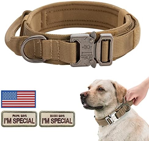 Dog Collar for Large Dog, Military Tactical K9 Heavy Duty Dog Collar for German Shepherd Big Dog with Flag Patch Papa Says Im Special Patch(Large, Brown)
