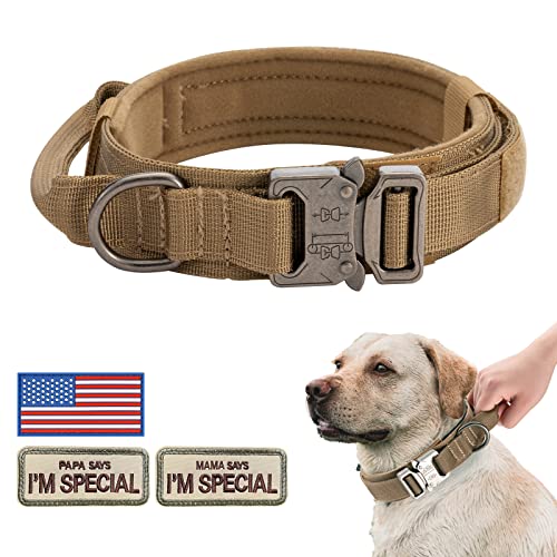 Hundehalsband für große Hunde, militärisches taktisches K9, robustes Hundehalsband für Deutscher Schäferhund, große Hunde, mit Flaggenaufnäher, Papa sagt Ich bin besonderer Patch (groß, braun) Cover
