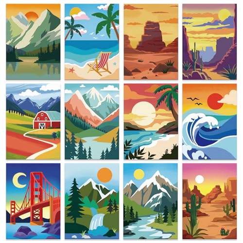 12 Packs Pre Drawn Canvas to Paint for Adults, Pre Printed Canvas for Kids, Pre Stretched Canvas Outline Painting Boards for Beginners, Students, Party Favor (5 * 7 inch, Landscape)