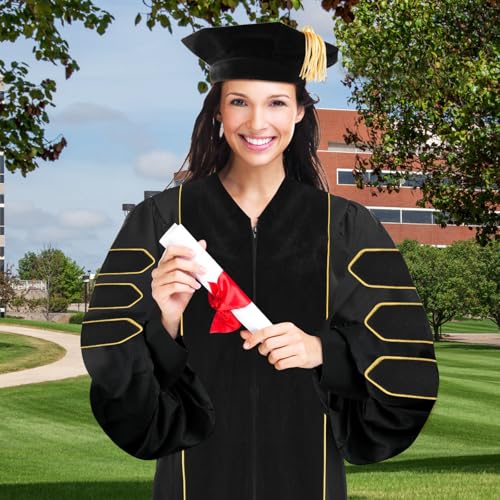 Image of Unisex Deluxe Doctoral Graduation Gown with 8 Sides Doctorate Tam | Gold Piping Doctoral Regalia for Graduation Ceremony Black-54