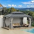 Domi 12'x16' Hardtop Gazebo Canopy,Outdoor Aluminum Gazebo with Galvanized Steel Double Roof,Permanent Gazebo with Drainage System,Curtain and Netting Included,Grey