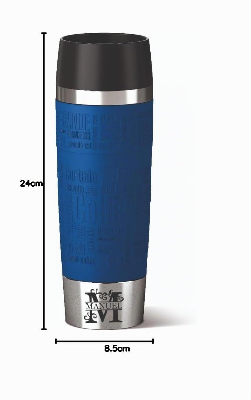 Emsa Isolierbecher 500ml mit Gravur Monogramm/Buchstabe (+ Name) Travel Mug Grande XXL Manschette blau personalisierter Kaffeebecher Teebecher, Motiv MO1