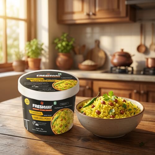 Image of Freshway Jain Veg Poha Quick & Easy Ready to Eat Healthy Snack | 100% Jain No Onion No Garlic No Preservatives | Nutritious & Delicious Breakfast or Anytime Meal | Made with Real Veggies | Lightweight Travel Friendly Ideal for Office Hostel & Travel | Pack of 6