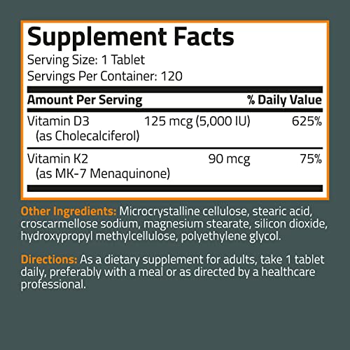 Bronson Vitamin K2 D3 (Mk7) Supplement Non-Gmo Formula 5000Iu (125 Mcg) Vitamin D3 & 90 Mcg Vitamin K2 Mk-7 Easy To Swallow Vitamin D & K Complex, 120 Tablets #TOP7
