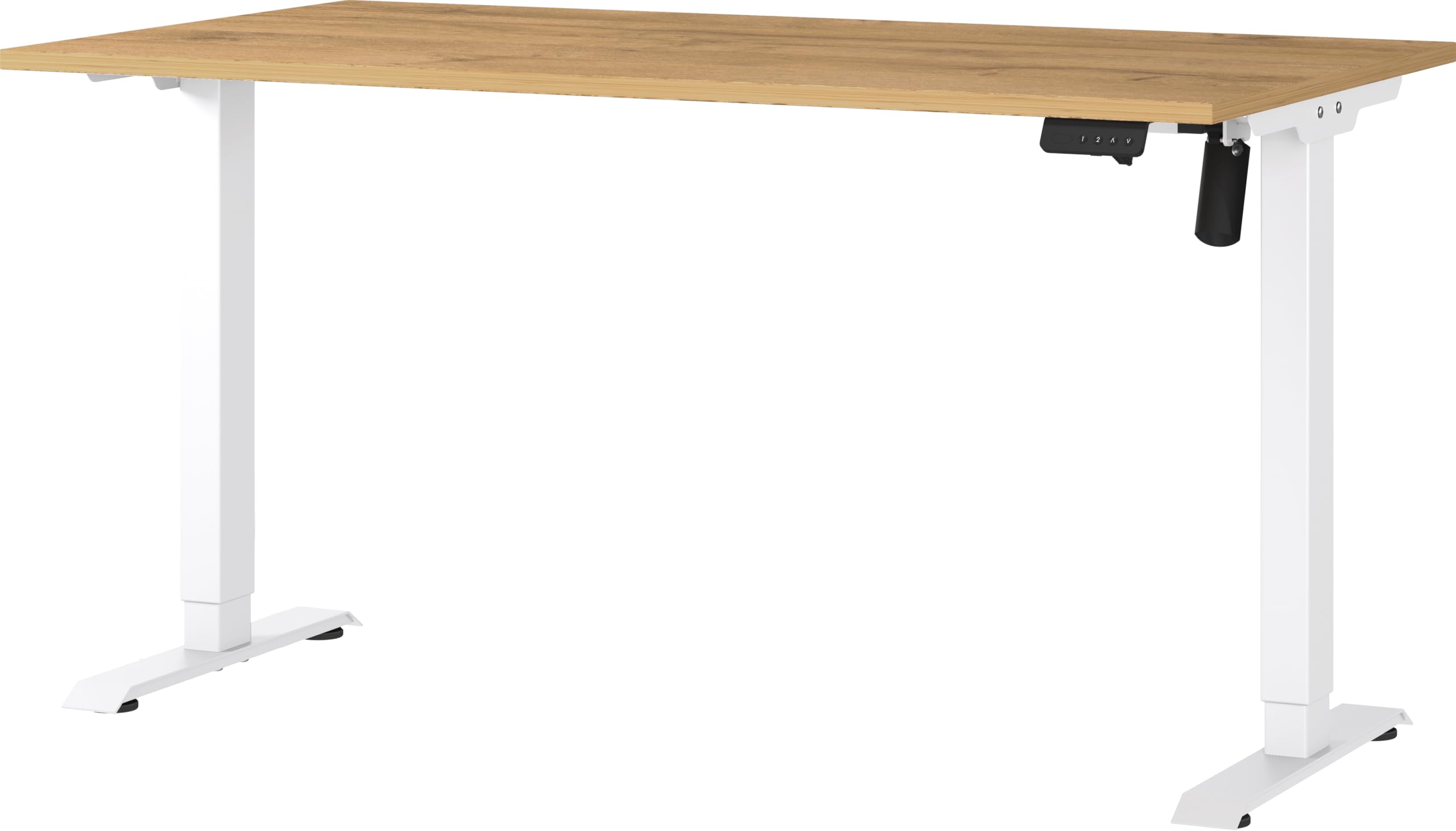 Germania Desk 8023-552, in Grandson-oak repro/White, electr. height-adjustable, single-engined, 140 x 119 x 80 cm (WxHxD)
