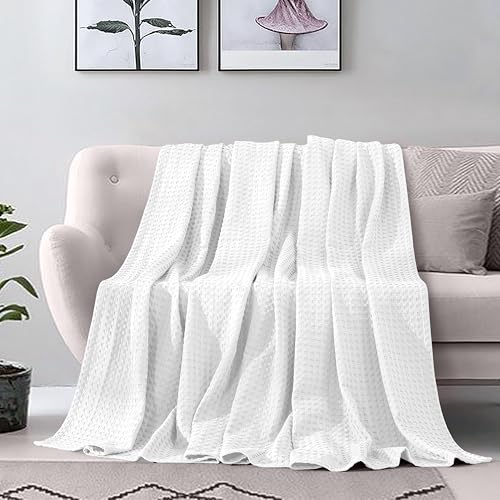 Image of Elegant Comfort Premium 100% Cotton Waffle Blanket - Lightweight Breathable Waffle Weave Bed Blanket - Soft and Warm All Season Blanket for Couch, Sofa and Bed, Queen Size 90x90 Inches, White
