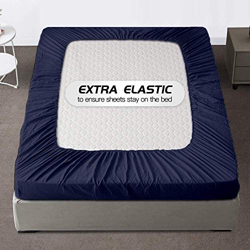 Image of All Around Brushed Microfiber Queen Fitted Sheet - (60 x 78) Inches - 10'' Deep Pocket Elastic Fitted Bedsheet + 1 Pillow Cover 400 Series Extra Soft & Easy Fit - Navy Blue