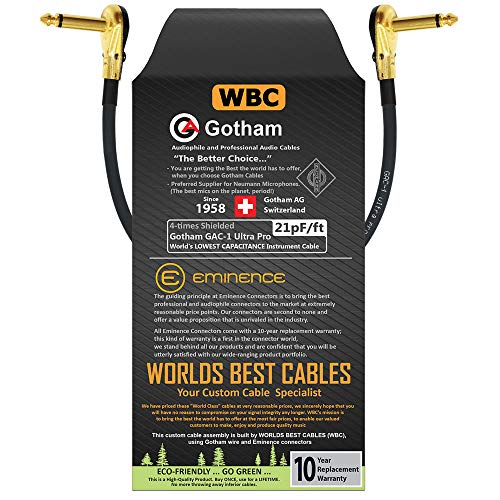 WORLDS BEST CABLES 7 Inch - Gotham GAC-1 Ultra Pro - Low-Cap (21pF/ft) Guitar Bass Effects Instrument, Patch Cable & Gold (6.35mm) Low-Profile R/A Pancake Type Connectors - Custom Made