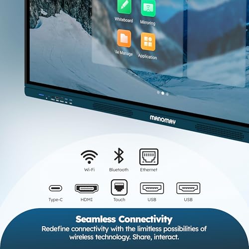 Image of Manomay 75 Inch Interactive Flat Panel, 4K UHD Multitouch Display, Android 14, OTT Streaming, 8GB RAM /128GB Storage, 20-Point Touch, K-12 Content, Smart Board for Office, School & Business | Built-In Speakers, Touchscreen, Wall Mountable
