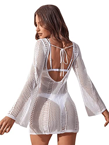 Image of Floerns Women's Crochet Cover Up Long Sleeve Hollow Out Bikini Swimsuit Beach Cover Up Swimwear