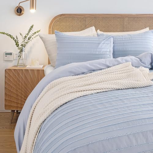 Image of NEXHOME PRO Duvet Cover Queen,Blue 3 Pieces Boho Tufted Duvet Cover Set, Soft and Lightweight 100% Washed Microfiber Comforter Cover Set for All Season(Blue Queen, 90 x 90)-No Comforter