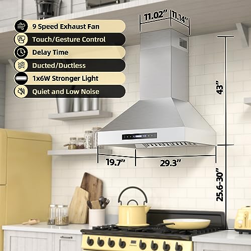 FIREGAS Wall Mount Range Hood 30 Inch Ducted/Ductless Convertible