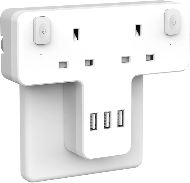 Double Plug Adaptor with 3 USB, Multi Plug Extension Sockets with Individual Switches, 2 Way Plug Adapter UK, Turn 1 Into 5, 13A Wall Socket Outlet Extender Power Adapter for Home, Office
